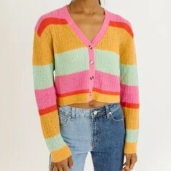 NWT Dee Elly Women’s Multi Color Striped Cropped Cardigan Sweater | Size L - Picture 1 of 12